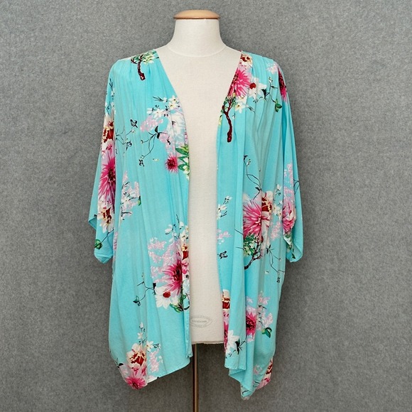 DAVI & DANI Tops - Davi Dani Womens Floral Kimono Cardigan M Light Blue Pink Boho Festival Cover Up